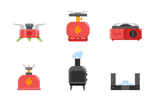 Camping stove icons. Camping gas stove. Furnace travel icons set