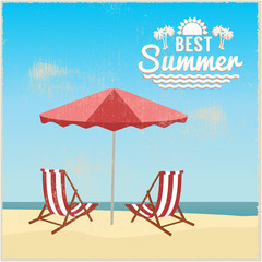 Summer beach in flat design, sea side and beach items, vintage design vector illustration