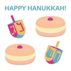 Dreidels and a bun with jam. Vector illustration.