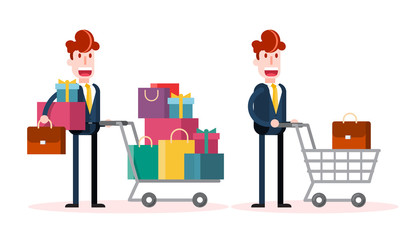 Set of Businessman Shopping on White Background. Isolated Flat Vector Illustration.