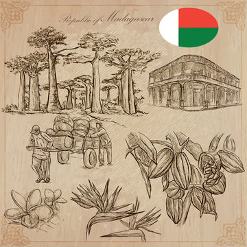 Madagascar - Pictures of life. Travel vector set.
