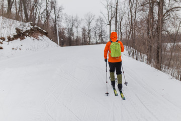 Young male backcountry skier in bright clothing moving up in a snowy woods