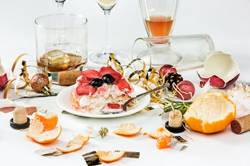 The morning after christmas day, table with alcohol and leftovers