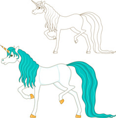 Unicorn with blue mane, coloring and color image