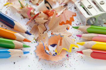 Sharpened colorful pencils and wood shavings
