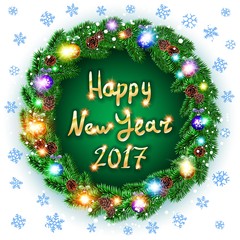 Vector Christmas happy new year 2017 green wreath. background. snow. light