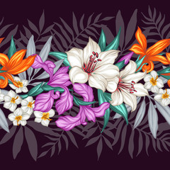 Vector tropical leaves and flowers seamless pattern. Hand painted illustration on black background. Frame border