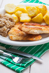 Fried chicken breast fillet on a white plate.