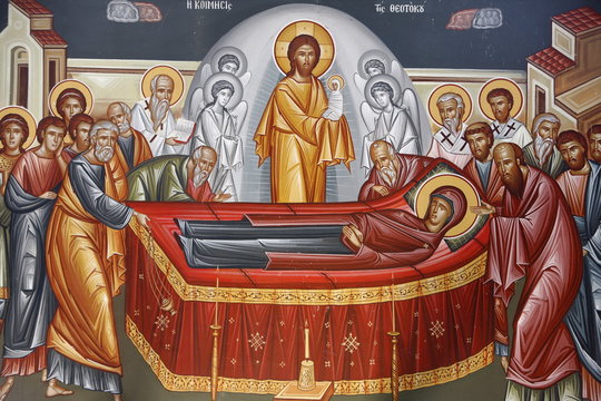 Detail of fresco of Mary's Dormition in Capharnaum (Capernaum) Greek Orthodox church, Capharnaum, Galilee, Israel