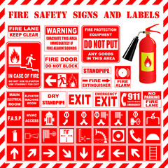 Obraz premium Fire safety. Знаки, обозначения, информационные таблички по пожарной безопасности.