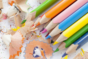 Sharpened colorful pencils and wood shavings