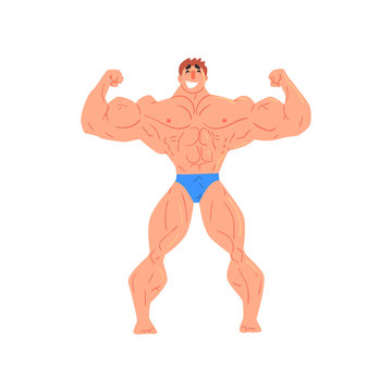 Man Bodybuilder Funny Smiling Character On Steroids Demonstrating Muscles In Front Double Biceps Pose As Strongman Routine