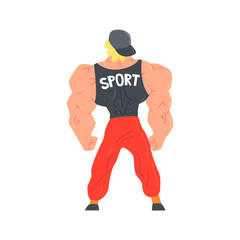 Man In Red Sportive Pants And Cap Bodybuilder Funny Smiling Character On Steroids Demonstrating Muscles As Strongman Routine