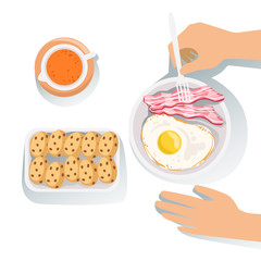 Bacon, Egg, Cookies And Orange Juice Set Of Classic Breakfast Food Products And Menu Items