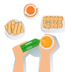 Toasts, Juice And Cookies Set Of Classic Breakfast Food Products And Menu Items