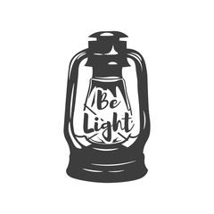 Be My Light. Retro Kerosene lamp. Vintage paraffin lamp. Doodle style. Isolated on white.