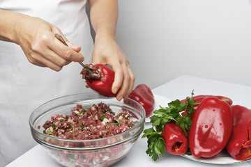 Baked paprika stuffed with meat and rice, cooking series