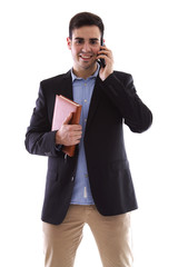 Young man with mobile phone and book isolated on white