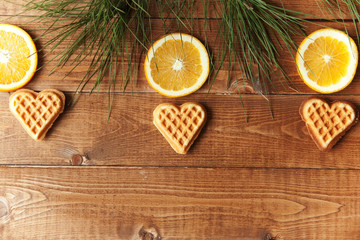 wooden background with orange slices
