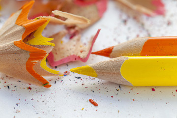 Sharpened colorful pencils and wood shavings