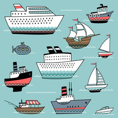Set of illustrations with ships and boats. Freehand drawing
