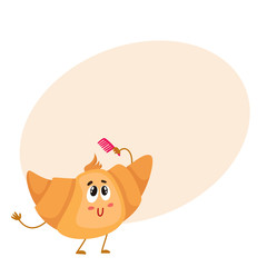 Cute and funny croissant character combing its hair, cartoon vector illustration on background with place for text. Funny smiling croissant character with face, arms and legs holding a comb
