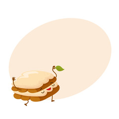 Funny tiramisu dessert character with a mint leaf, cartoon style vector illustration isolated on background with place for text. Cute smiley tiramisu character with eyes, legs, and a wide smile