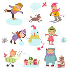 Set of vector illustrations. Children in the winter. Walking, playing, skating, skiing, snowman. Cute characters. Babes on a walk