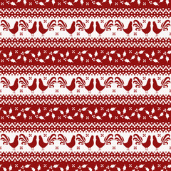 New Year seamless pattern with roosters and holly.