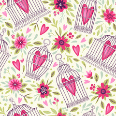Seamless pattern with flowers and bird cages. Freehand drawing