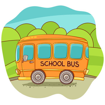 Illustration with a school bus. Vector illustration. Freehand drawing