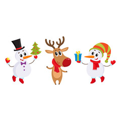 two funny snowman and reindeer holding a Christmas tree and gift box, cartoon vector illustration isolated on white background. Deer and snowman, Christmas attributes, decoration elements
