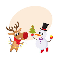 Happy snowman holding Christmas tree and funny reindeer with a garland, cartoon vector illustration with background for text. Deer and snowman with Christmas attributes, holiday decoration element