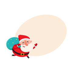 Funny Santa Claus running with bag of Christmas gifts, cartoon vector illustration with background for text. Santa Claus with Christmas gift bag on his shoulder, holiday season decoration element