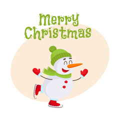 Merry Christmas greeting card template with Cute and funny little snowman ice skating happily, cartoon vector illustration isolated. Christmas poster, banner, postcard, greeting card design