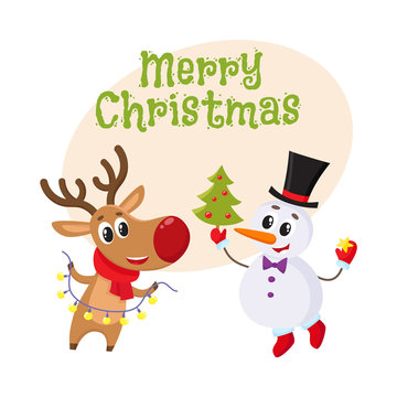 Merry Christmas greeting card template with Happy snowman holding Christmas tree and funny reindeer with a garland, cartoon vector. Christmas poster, banner, postcard, greeting card design