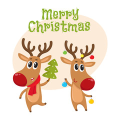 Merry Christmas greeting card template with Two reindeer with Christmas toys and tree, cartoon vector illustration isolated with background. Christmas poster, banner, postcard, greeting card design