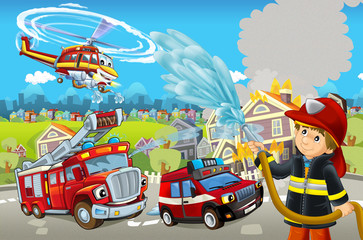 Cartoon stage with different machines for firefighting - trucks helicopter and fireman - colorful and cheerful scene - illustration for children