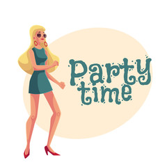 Young woman with long blond hair in short 1960s style dress dancing disco, cartoon style invitation, greeting card design. Party invitation, advertisement, Girl, woman in sunglasses with long blond