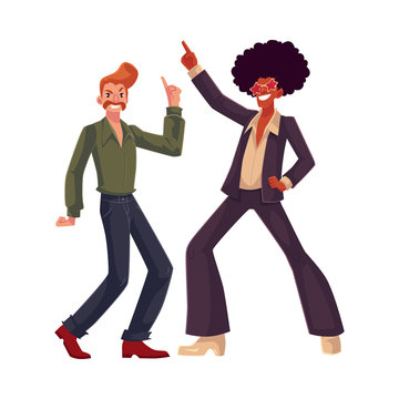 Two guys, in afro wig and with a beehive, wearing 1970s style clothes dancing disco, cartoon vector illustration isolated on white background. Afro wig, beehive, flared pants, retro disco party