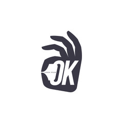 Stylized, simplified hand showing OK sign, logo template, vector illustration isolated on white background. Black and white graphic hand with fingers forming OK sign, corporate logo design