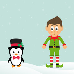 cute penguin with snow and elf