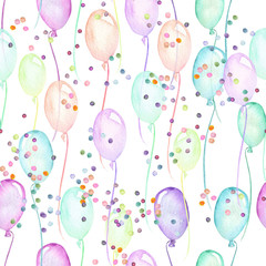 Seamless party pattern with multicolored air balloons and confetti, hand painted in watercolor on a white background