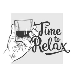 Hand holding glass of whiskey, sketch style vector poster, banner, invitation template. Hand drawing of male hand with a shot of rum, whiskey, cognac, time to relax concept for poster, postcards