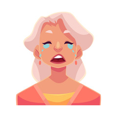 Grey haired old lady, crying facial expression, cartoon vector illustrations isolated on white background. Old woman crying, shedding tears, sad, heart broken, in grief.