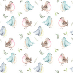 Seamless pattern of the watercolor birds and forest plants, hand drawn on a white background