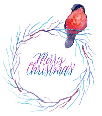 Merry Christmas lettering. Watercolor winter branches wreath.