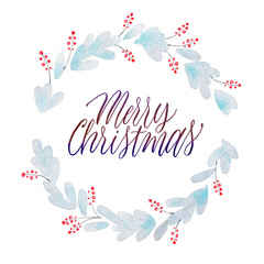 Fototapeta na wymiar Merry Christmas lettering. Watercolor winter branches wreath.