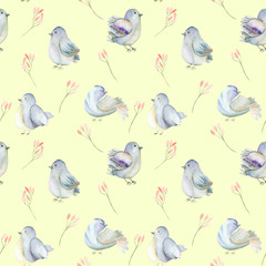 Seamless pattern of the watercolor blue birds and pink flowers branches, hand drawn on a yellow background