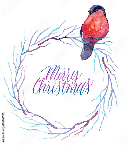 &quot;Merry Christmas lettering. Watercolor winter branches wreath